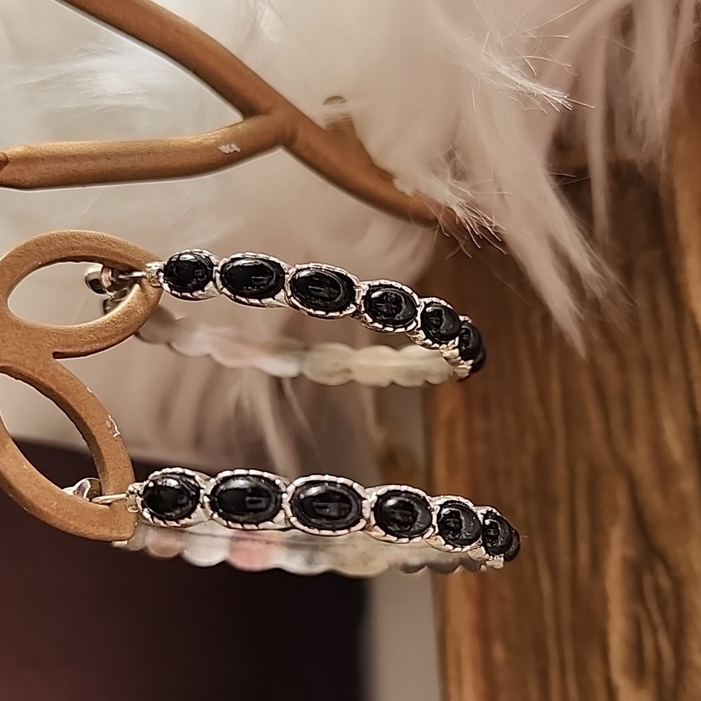 BOHO Simulated Onyx Southwest Large Hoop Stud Earrings HP